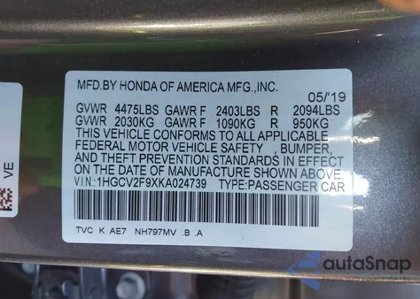 2019 Honda Accord Touring 2.0T из США, поврежденный, VIN 1HGCV2F9XKA024739